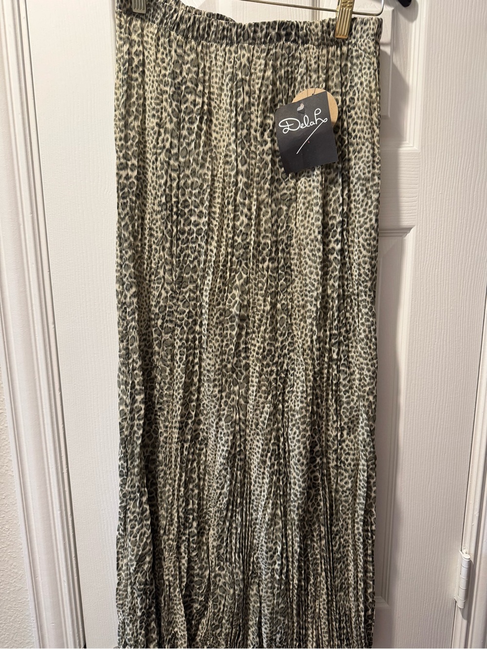 Leopard Print Pleated Maxi Skirt — Olive/Taupe